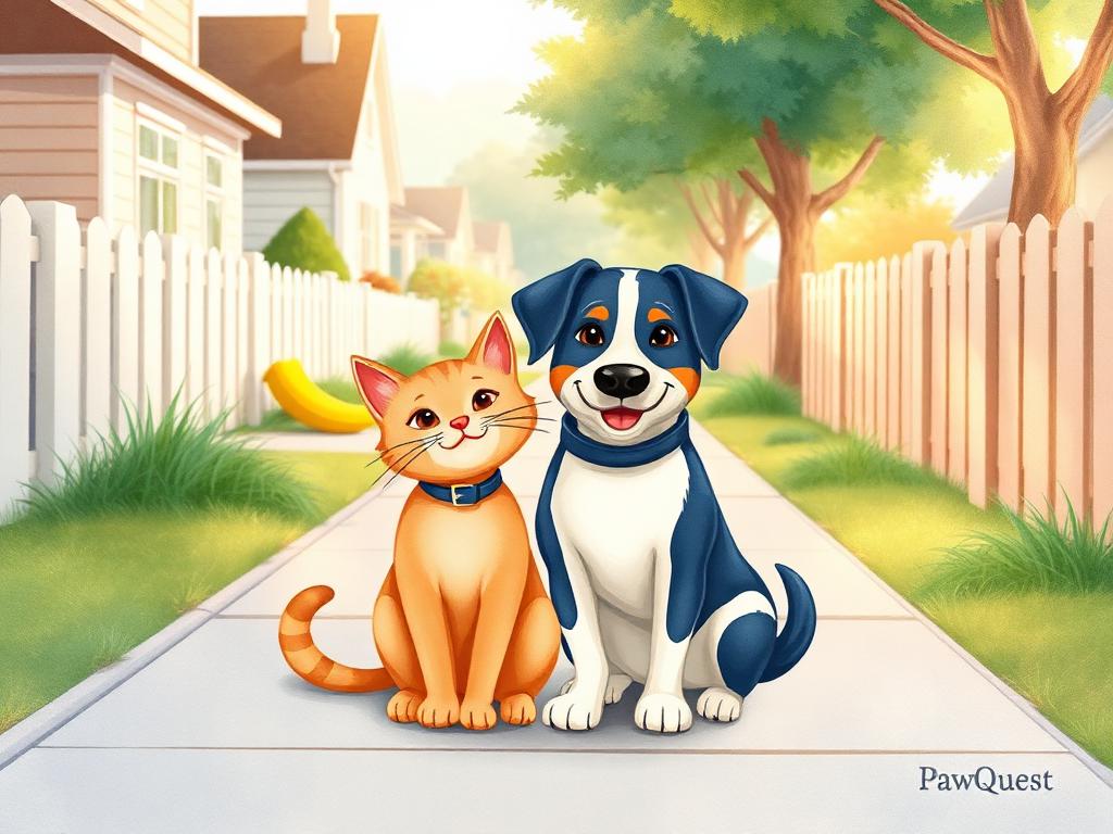 A friendly cat and dog sitting on a neighborhood sidewalk